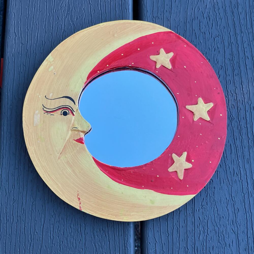 Vintage moon star celestial wooden mirror, red and yellow bohemian hippie whimsy